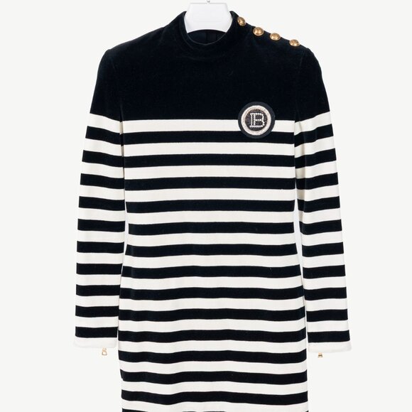 Balmain Black & White Striped Velvet Long-Sleeve Mini Dress - Picture 2 of 14